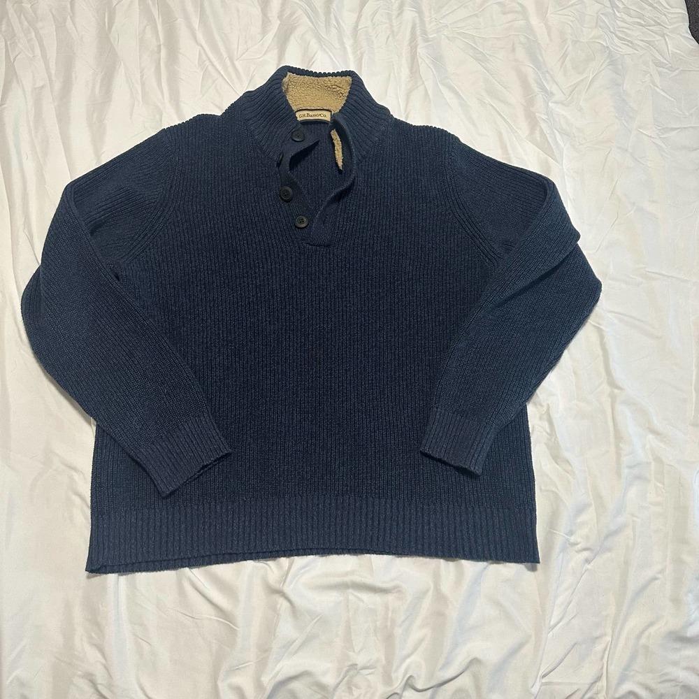 GH bass boys blue knit cotton Henley sweater w Sherpa lined hood XL Winter